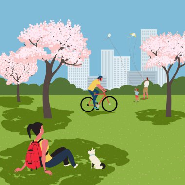 Blooming cherry city park recreation zone vector