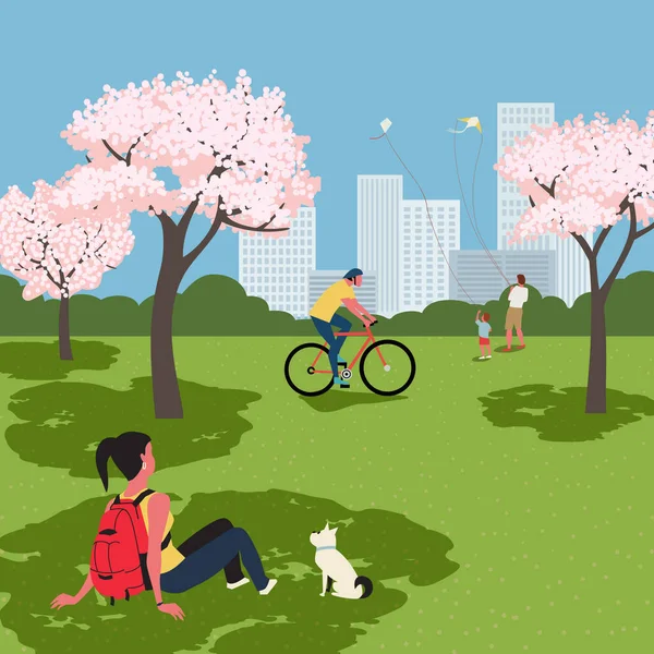 Blooming cherry city park recreation zone vector — Stockový vektor