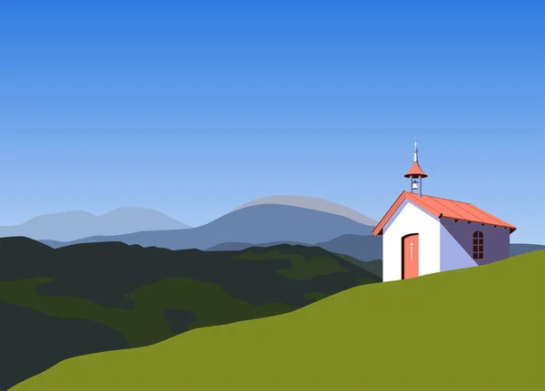 Gereja pedesaan kecil di pegunungan vektor warna datar - Stok Vektor