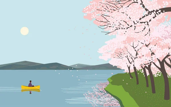 川の桜は平らなベクトルポスターを楽しむ — ストックベクタ
