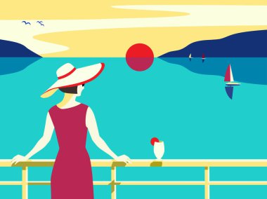 Yaz sahil düz manzara. Mavi okyanus manzaralı poster. El çizilmiş pop art retro tarzı. Tatil tatil sezonu deniz seyahat ihlanına. Deniz yelkenrahatı. Vektör turistik gezi arka plan illüstrasyon
