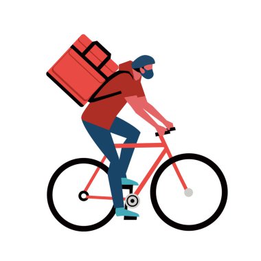 Temassız yemek teslimatçısı vektör ikonu. Çevrimiçi paket servis servisi karikatür çizimleri sipariş ediyor. Tıbbi maskeli bisikletçi kurye Coronavirus virüsü salgınında yiyecek taşıyor.