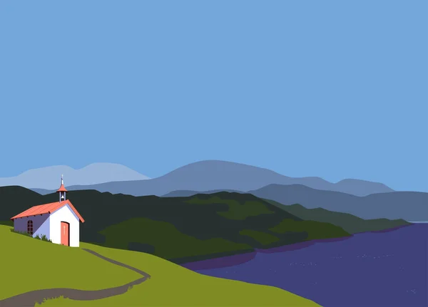 Green mountain lake valley landscape vector. Small rural church in Alps minimalist style cartoon illustration. Old chapel building on hill top. Mountains river scenic view background poster template