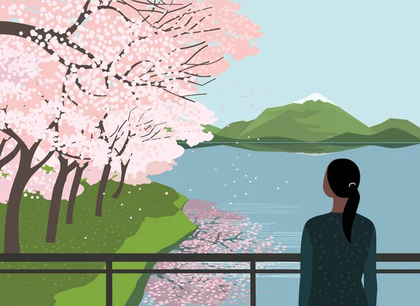 Chica Puente Del Río Disfrutar Primavera Flores Cerezo Afiche Vector — Vector de stock