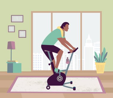 Sabit bisiklet süren sağlıklı bir adam düz konteynırda kalır. Evde spor salonunda egzersiz, kardiyo fitness, ekipman karikatür çizimi. Kapalı alanda spor bisikleti sürmek. Sağlıklı yaşam geçmişi