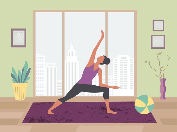 在家里练习瑜伽的女人的扁平色矢量 呆在家里练瑜伽 练习卡通画 呼吸锻炼背景 健康生活方式室内晨练活动说明 — 图库矢量图片