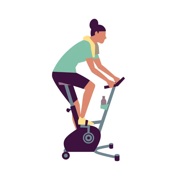 Gezonde Vrouw Oefenen Stationaire Fiets Platte Vector Icoon Trainen Fitnessstudio — Stockvector