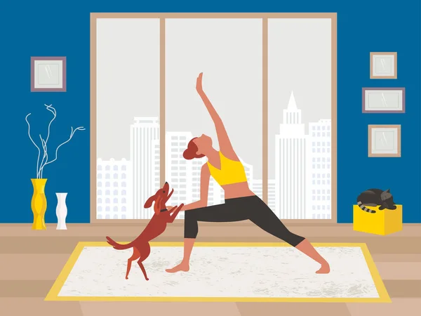 Frau Trainiert Yoga Mit Haustieren Hause Flat Vector Bleiben Sie — Stockvektor