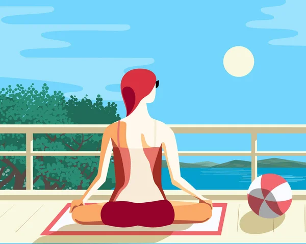 Jeune femme pratiquant le yoga sur balcon plat vecteur — Image vectorielle