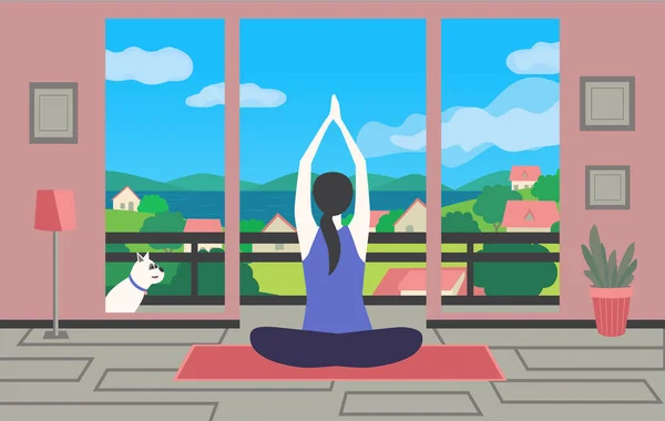 Junge Frau trainiert Yoga und bleibt zu Hause — Stockvektor
