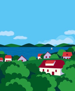 Yaz köyü nehir manzarası düz renk vektörü