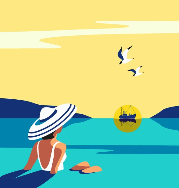 Girl sitting in water enjoys seaside sunset vector — Stock Vector