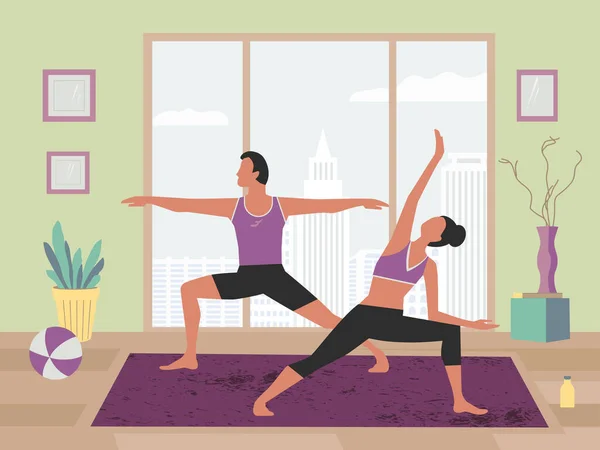 Pareja entrenamiento yoga estancia casa plana vector de color — Archivo Imágenes Vectoriales