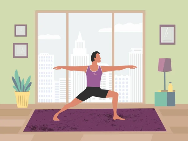 Hombre entrenamiento yoga estancia en casa plana vector de color — Archivo Imágenes Vectoriales