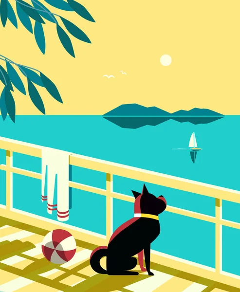 シースケープフラットカラーベクトルポスター 穏やかな海の景色 青い水の上でヨットを待っている犬 手描きの漫画レトロスタイル 海辺の休暇旅行のレクリエーションの背景イラスト — ストックベクタ