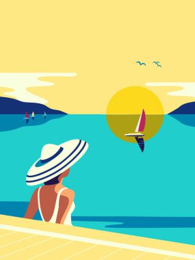 Suda oturan kız deniz kenarında gün batımının düz renk vektörünü seviyor. Deniz manzaralı el çizimi pop sanatının retro tarzı. Tatil sezonu seyahati çizgi filmi. Turist gezisi arka plan çizimi