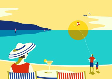 Aile deniz kenarında rahatla. Okyanus manzaralı manzara. El çizimi pop tarzı retro sanat. Tatil sezonu deniz seyahati. Deniz sahili eğlencesi. Vektör turist gezisi reklamı geçmişi