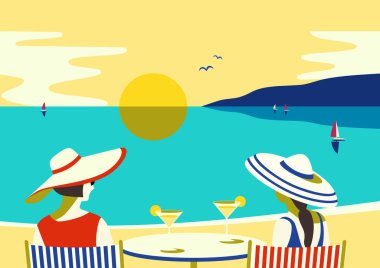 Yaz deniz manzarası. Mavi okyanus manzaralı poster. Freehand pop sanatının retro tarzını çizdi. Tatil sezonu deniz seyahati. Deniz sahilinde rahatla. Vektör turist gezisi reklamı geçmişi