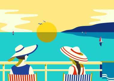 Yaz deniz manzarası. Mavi okyanus manzaralı poster. Freehand pop sanatının retro tarzını çizdi. Tatil sezonu deniz seyahati. Denize açılmak rahatlatır. Vektör turist gezisi reklamı geçmişi
