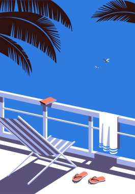 Yaz mevsimi düz renk vektörü. Mavi okyanus manzaralı poster. El çizimi pop tarzı retro sanat. Tatil sezonu deniz seyahati. Turist deniz gezisi reklamı.