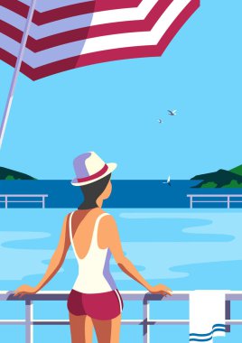 Kız deniz kenarındaki düz vektörde yüzme havuzunda rahatlar