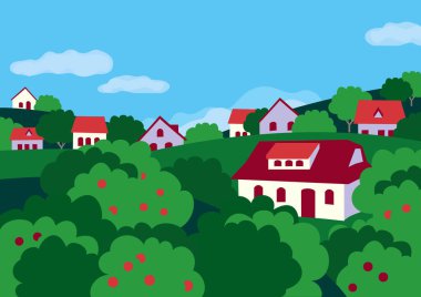 Yaz köyü manzarası düz renk vektörü