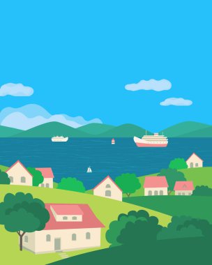 Yaz köyü nehir manzarası düz renk vektörü