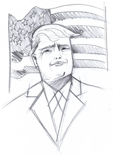 Donald Trump pencil porträtt med usa flagga — Stockfoto