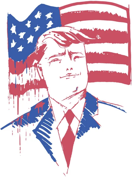 Donald Trumpf Bleistift Portrait mit usa blutende Flagge Vektor — Stockvektor
