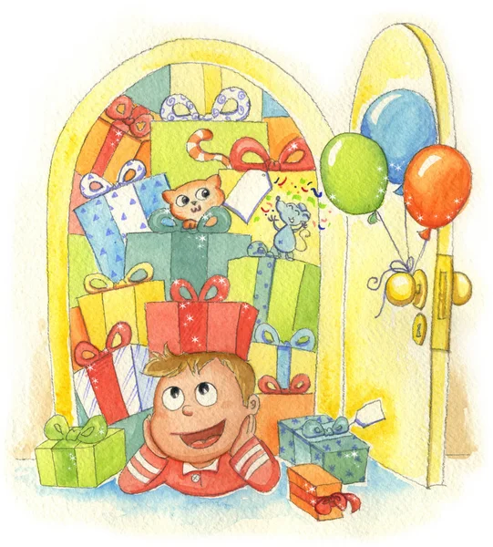 Jongen met geschenken: gelukkige verjaardag! — Stockfoto