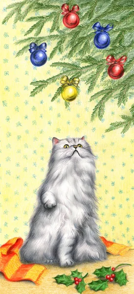 Cat and christmas tree artwork — Stock Photo, Image