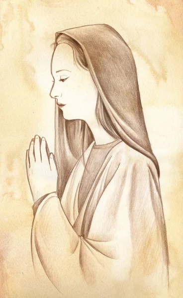 Biddende Maagd Maria - potlood tekening — Stockfoto