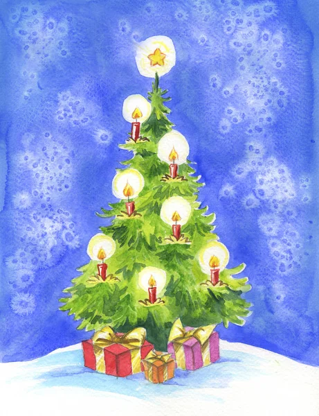 Vánoční strom, kometa a dary — Stock fotografie