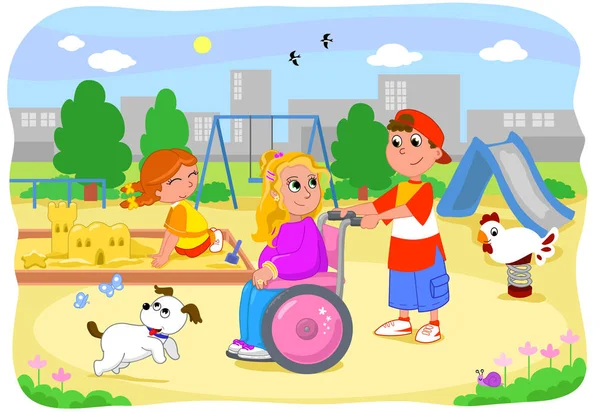 Κοπέλα στο αναπηρικό καροτσάκι με τους φίλους διάνυσμα — Διανυσματικό Αρχείο