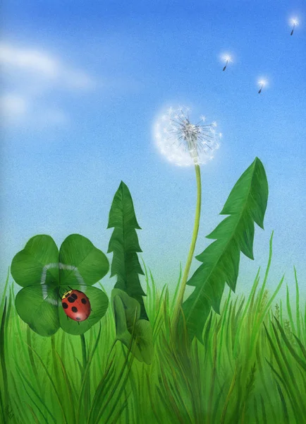 Gelukkig lente met lieveheersbeestje en four - leaved clover — Stockfoto