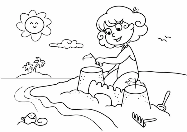 Coloriage jeune fille à la plage — Image vectorielle