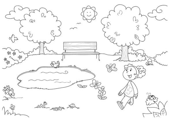 Coloriage Jeune fille dans le parc — Image vectorielle