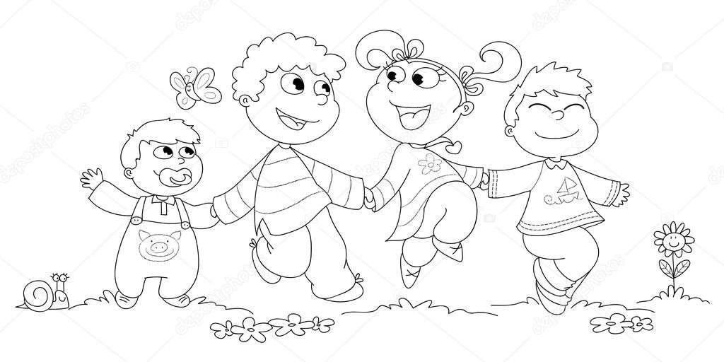 Imágenes: niños corriendo y saltando para colorear | Cuatro niños Bw