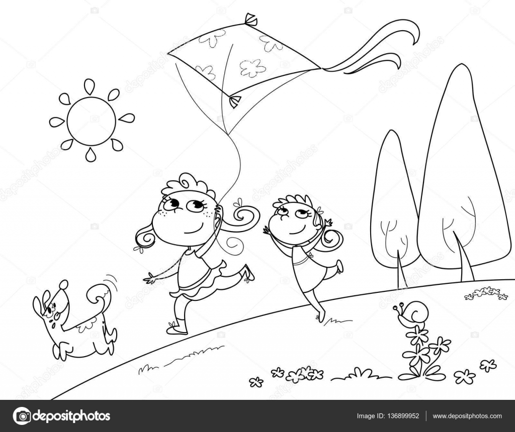 Bambini e cane che gioca con un aquilone nella natura Illustrazione di coloritura — Vettoriali di carlacastagno