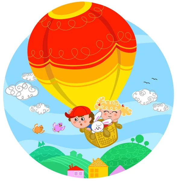 Niño y niña en globo aerostático — Archivo Imágenes Vectoriales