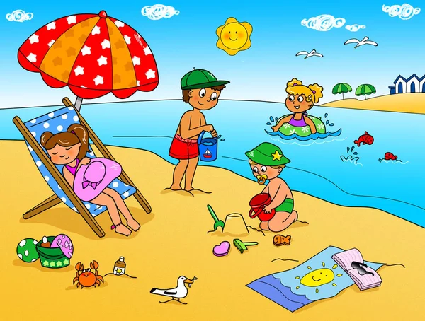 Niños en la playa ilustración — Foto de Stock