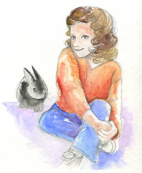 Молодая девушка с кроликом - акварель — стоковое фото