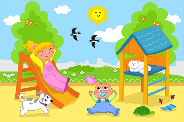 Lindos niños en el patio de recreo en primavera vector — Vector de stock