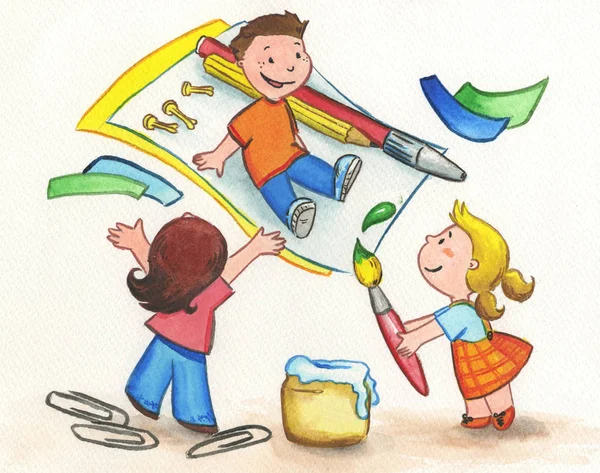 Three children painting with creativity — Stock Photo, Image