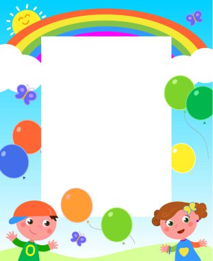 Gökkuşağı çocuklar ve balon vektör çerçeve