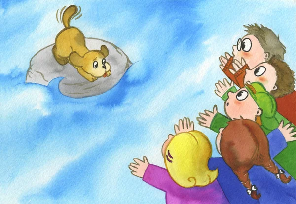 Groep kinderen schreeuwen tegen de hond — Stockfoto