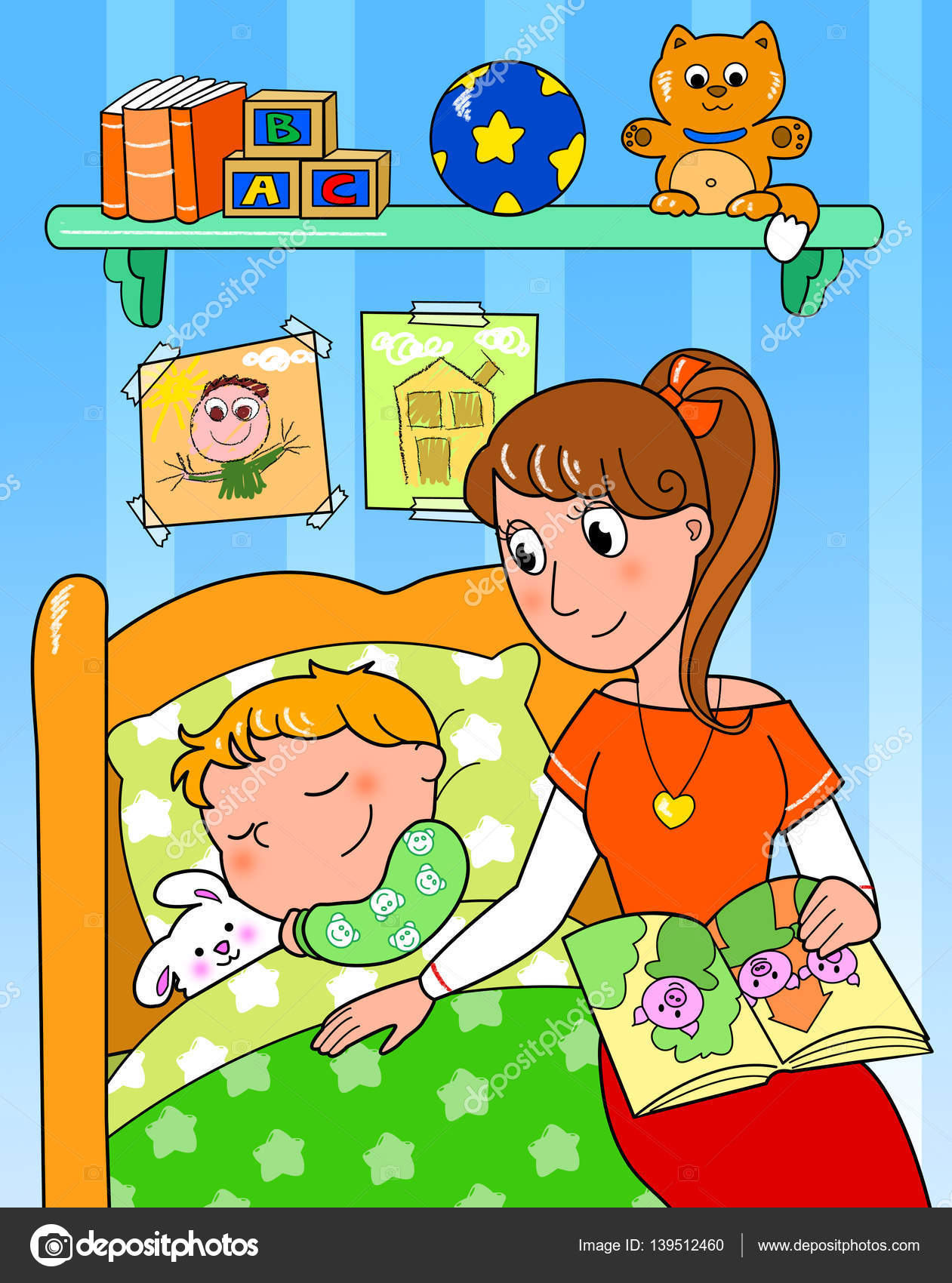 Enfant au lit avec maman — Illustration de stock par ©carlacastagno -  139512460, image size:1261x1700