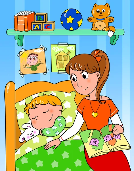 Child at bed with mom — Stock Photo, Image