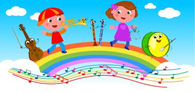 Çizgi film müzik aletleri ve çocuk vektör