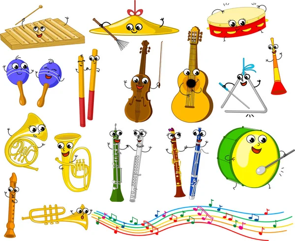 Set di divertenti strumenti musicali a cartoni animati per bambini vettoriale — Vettoriale Stock